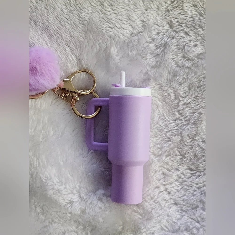 Purple Watwr Tumbler Keychain with Pom Pom Bag Charm